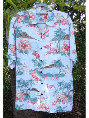 Caribbean Hawaiian Button Up Shirt Mens Large Tropical Floral Flamingo Rayon
